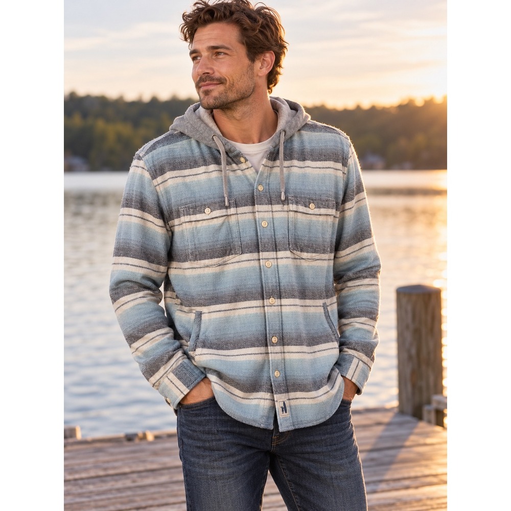 Johnnie-O Surflannel Blue Striped Hooded Flannel Shirt Jacket Large